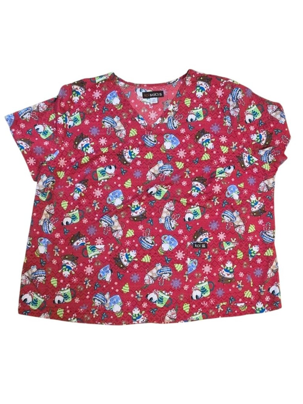 Koi Basics Womens Christmas Scrub Top 4X Red Holiday Print Snowman Hot Cocoa
